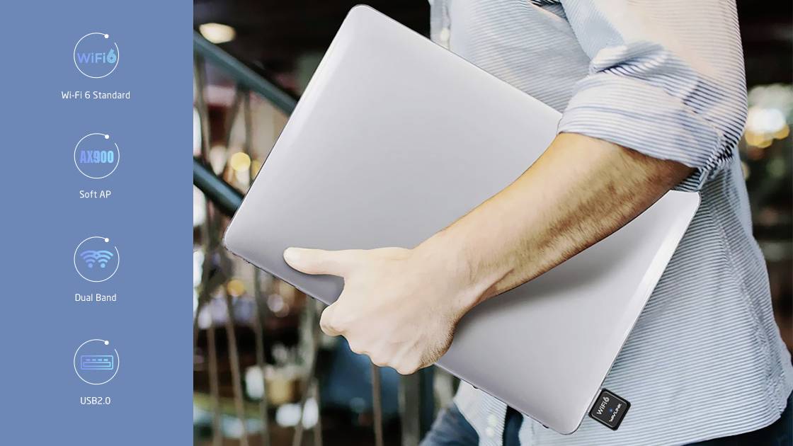 'Persoon draagt een laptop. Links in de afbeelding zijn symbolen met de labels: Wi-Fi 6, AX3000, Soft AP, Dual Band, USB 2.0.'