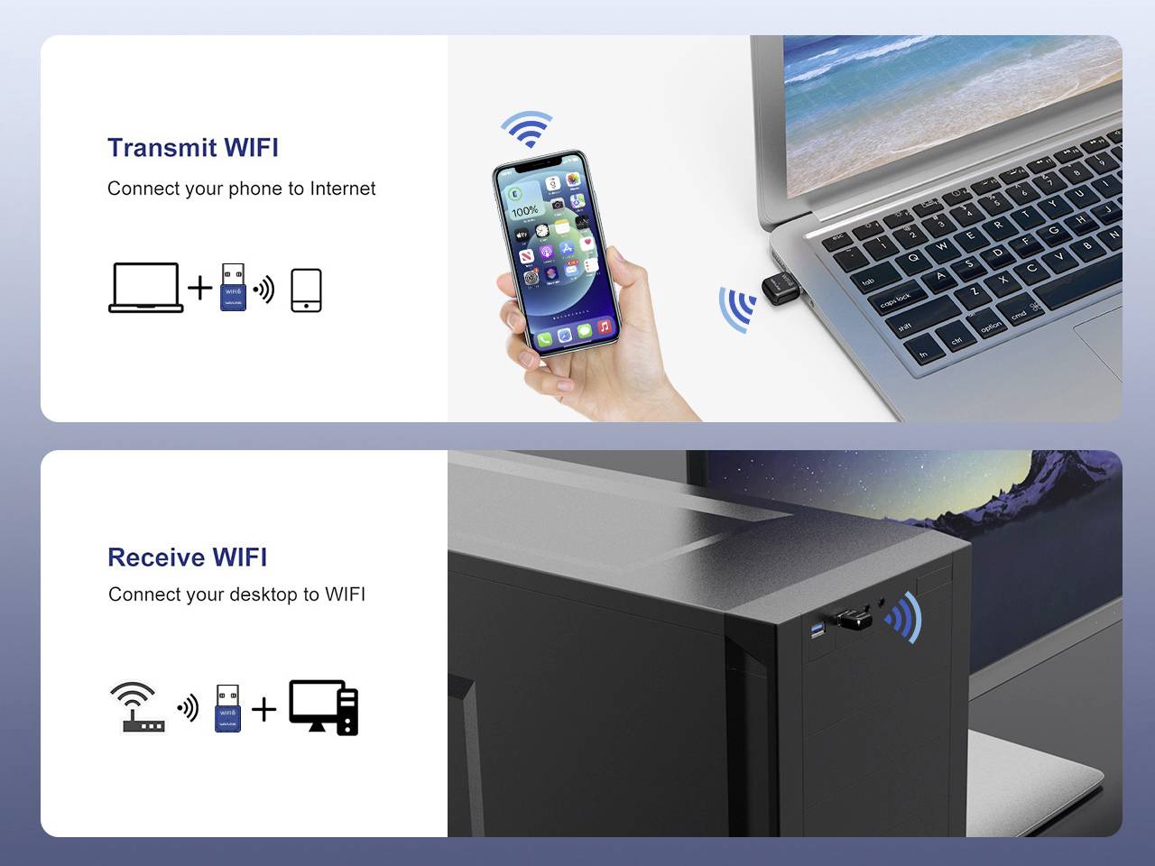 Boven: Een smartphone deelt internet met een laptop. Onder: Een desktop-pc ontvangt wifi. Beide situaties tonen wifi-adapters.