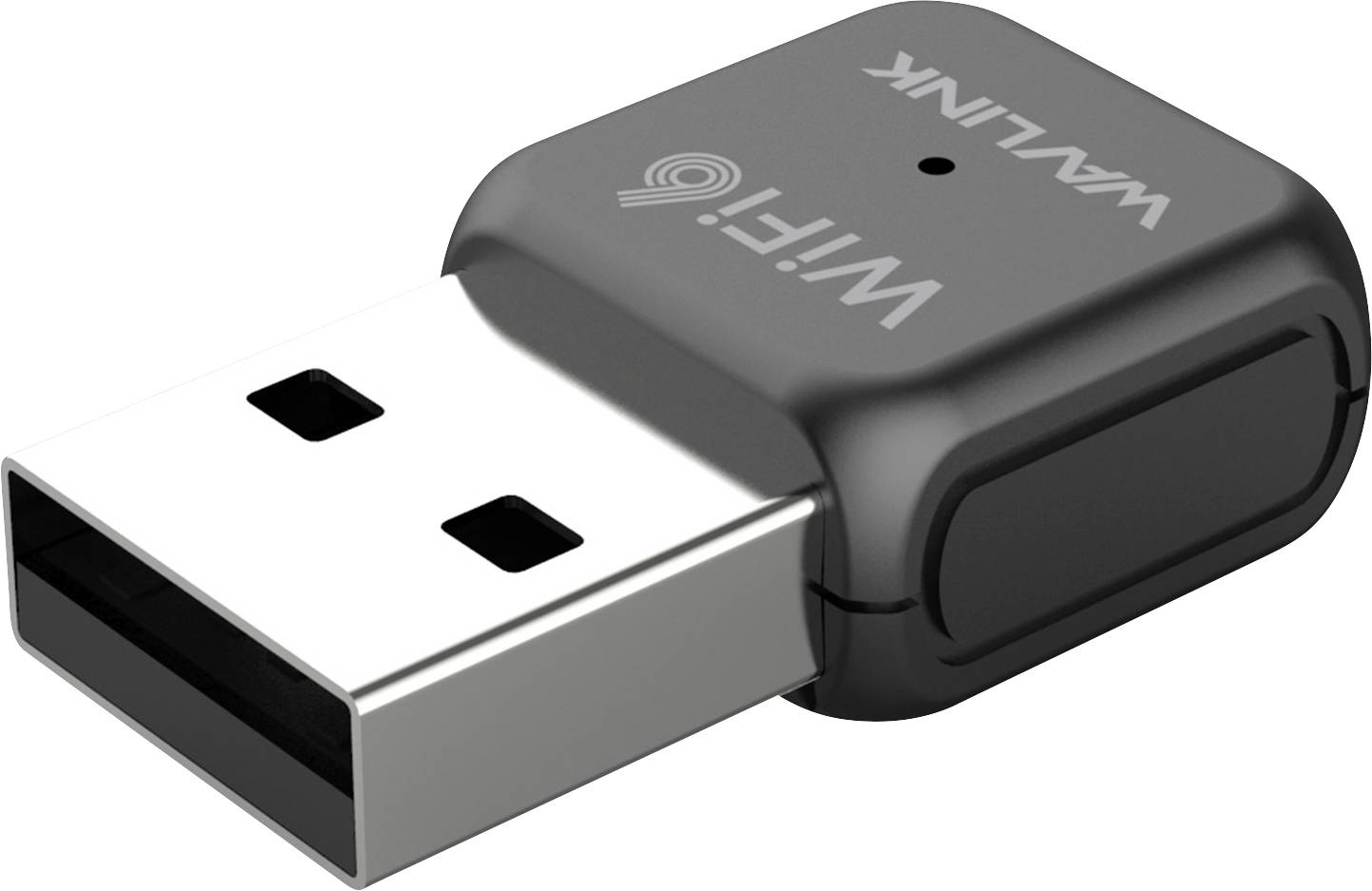 Een kleine, rechthoekige USB-WLAN-adapter in zwart en zilver, die wordt gebruikt voor draadloze internetverbindingen op computers.