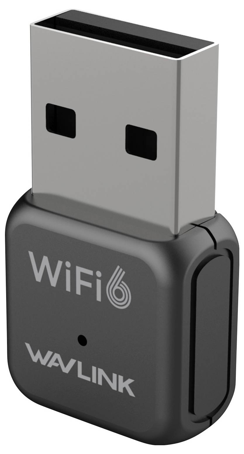 USB-WiFi-adapter met opschrift 'WiFi 6 WAVLINK', compact en grijs-zwart van ontwerp.