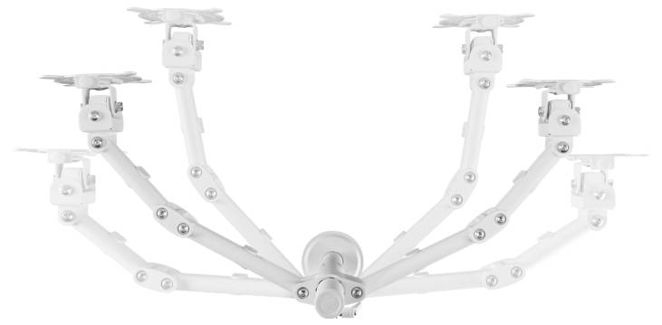 Een wit, meerarmig plafondlicht met verstelbare armen die in verschillende richtingen zijn gepositioneerd. Modern design.