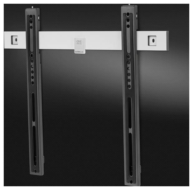 Wandbevestiging voor flatscreen-tv's, bestaande uit een horizontale metalen rail met twee verticale rails en bevestigingsbeugels.