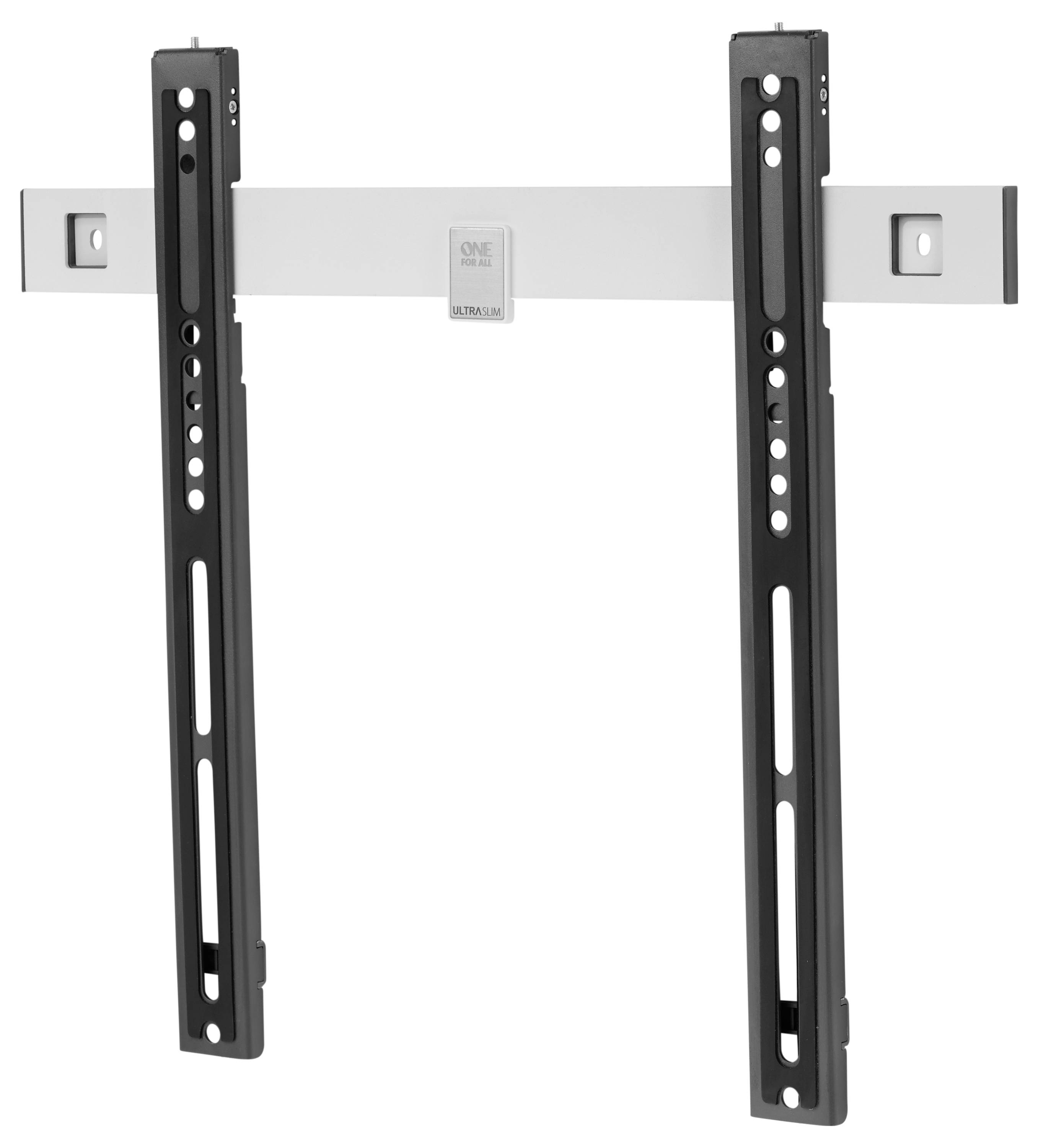 Platte tv-wandbeugel, zwart en zilver, geschikt voor grote televisies. Robuuste metalen constructie met verstelbare armen.