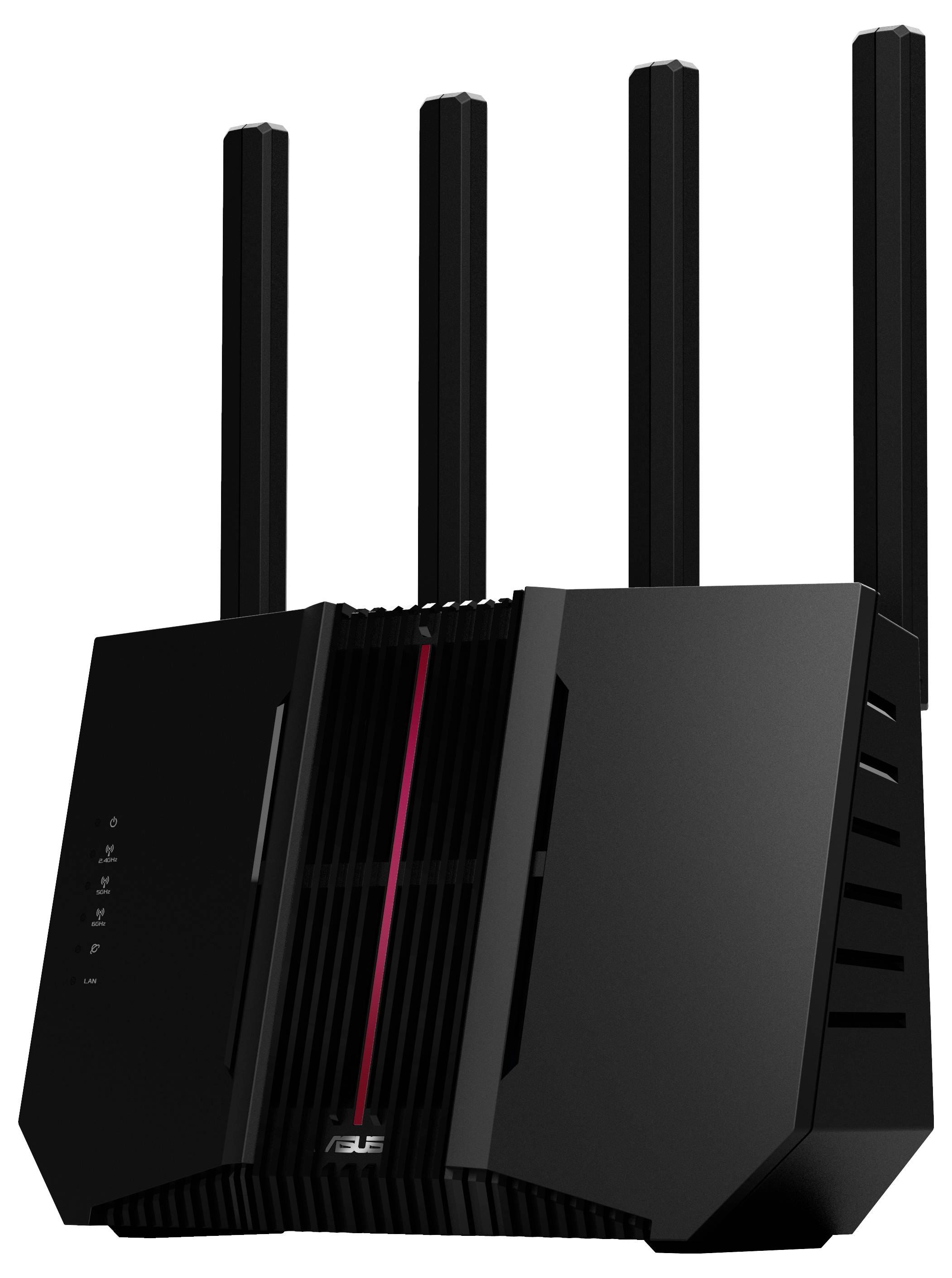 Zwarte wifi-router met drie antennes, modern design met rode accentlijnen.