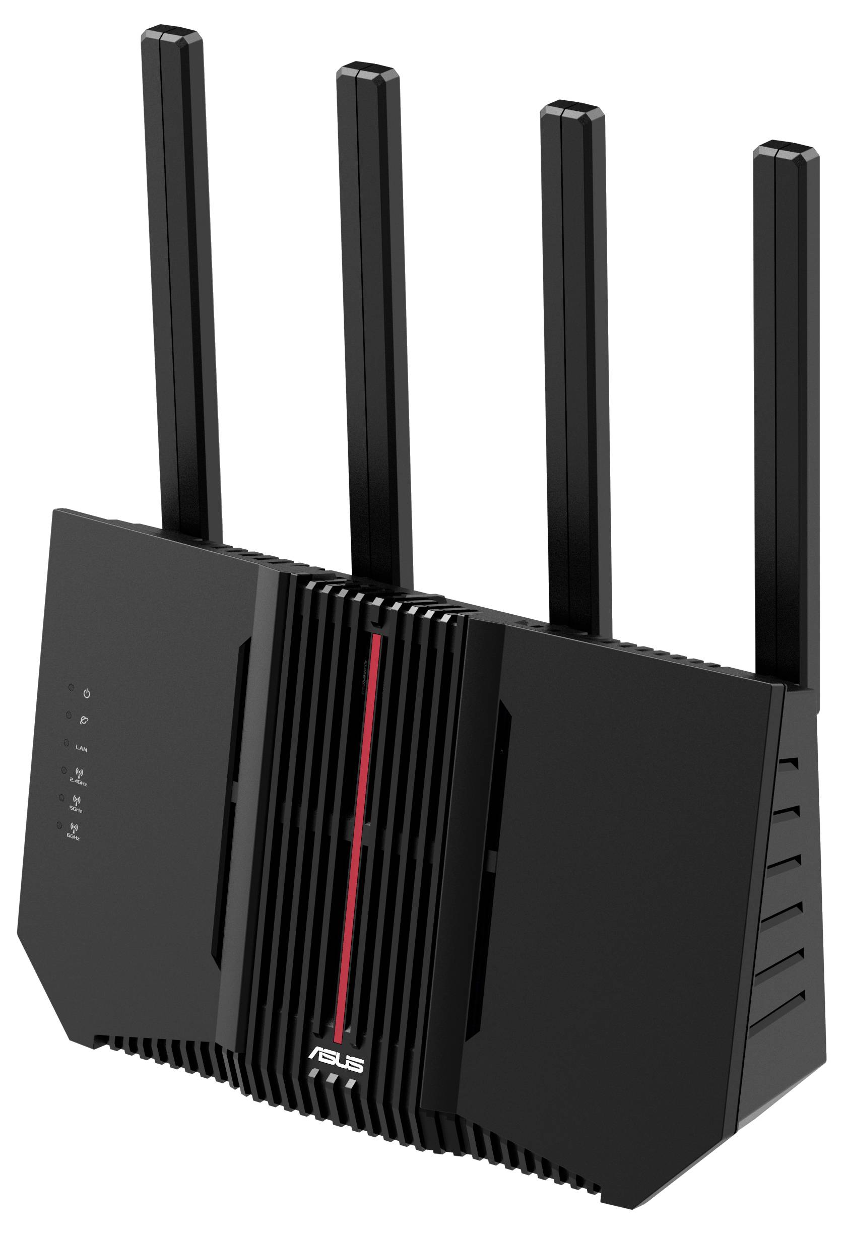 Zwarte WLAN-router met vier verticale antennes, vooraanzicht met rode accenten en fabrikantslogo in het midden.