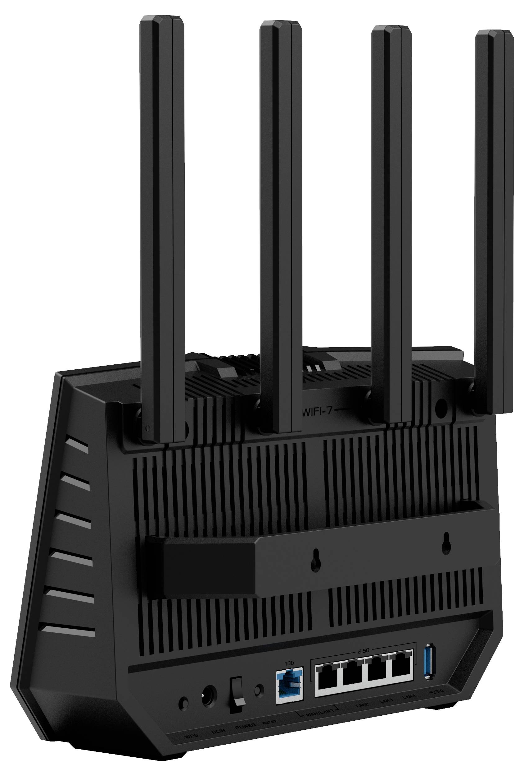 Draadloze router met vier antennes en meerdere netwerkaansluitingen aan de achterkant.
