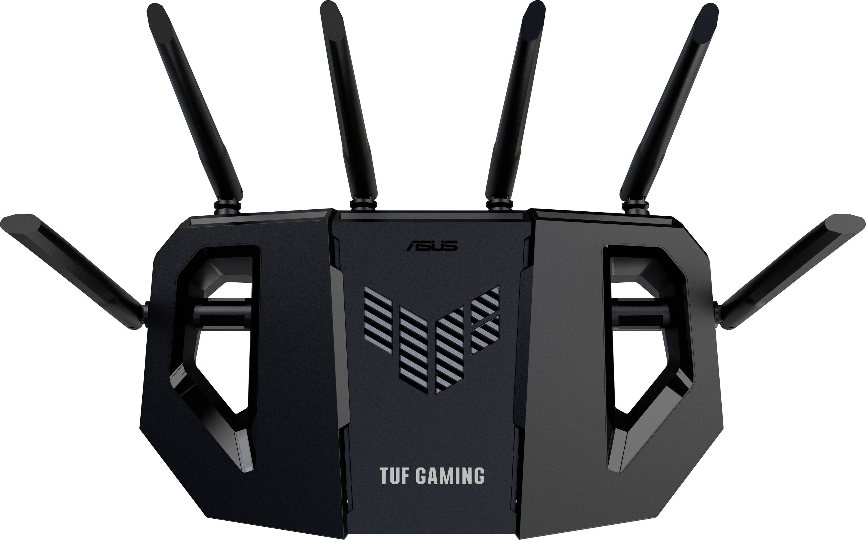 Router met zes antennes, gemarkeerd met 'TUF Gaming'.