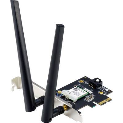 Een computernetswerkkaart met twee zwarte antennes voor draadloze verbinding. Monteerbaar in een desktop-computer.