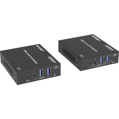 Twee USB 3.0 extender-apparaten met aansluitingen, gemarkeerd als TX (zender) en RX (ontvanger) voor verlenging via CAT-kabels.
