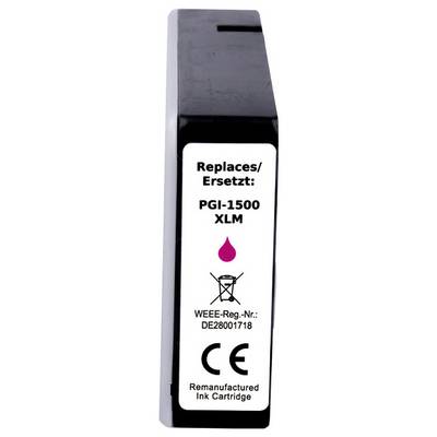 'Inktcartridge gelabeld als PGI-1500 XLM, magenta kleur, met recycling- en CE-markeringsinformatie.'