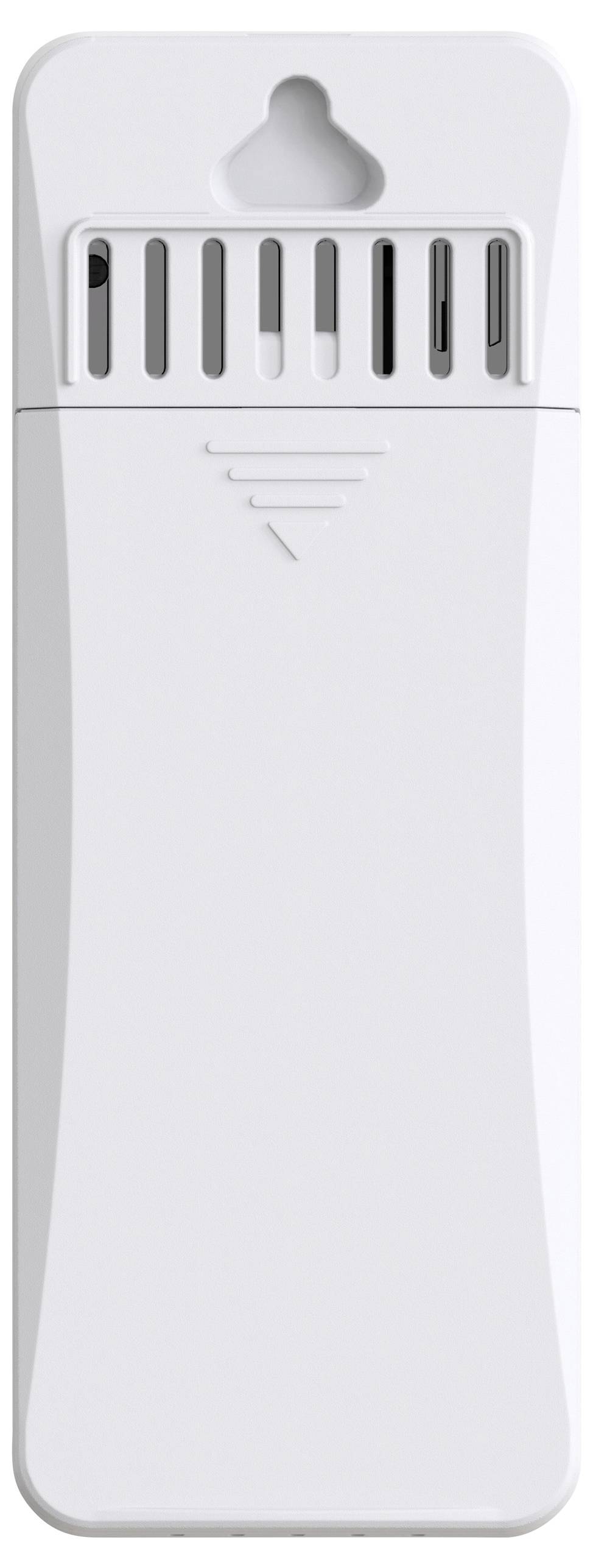 Een wit, verticaal apparaat met ventilatiesleuven en afgeronde randen. Bovenaan een opening voor wandmontage.