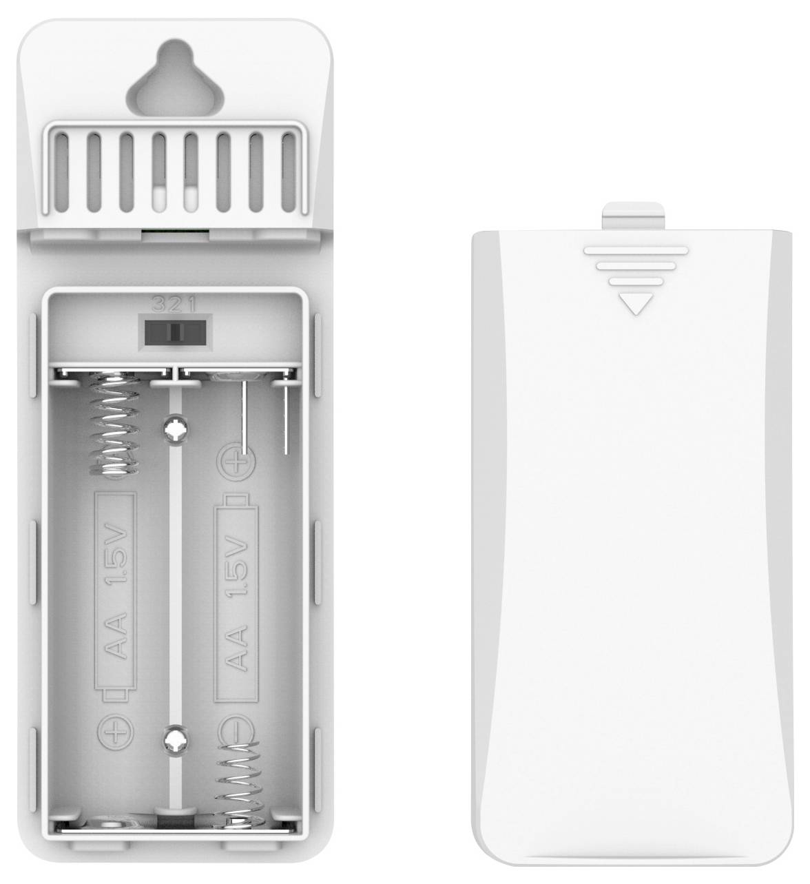 'Twee onderdelen van een batterijvak. Links het open vak voor twee AA-batterijen, rechts de afdekking met een pijl voor montage.'