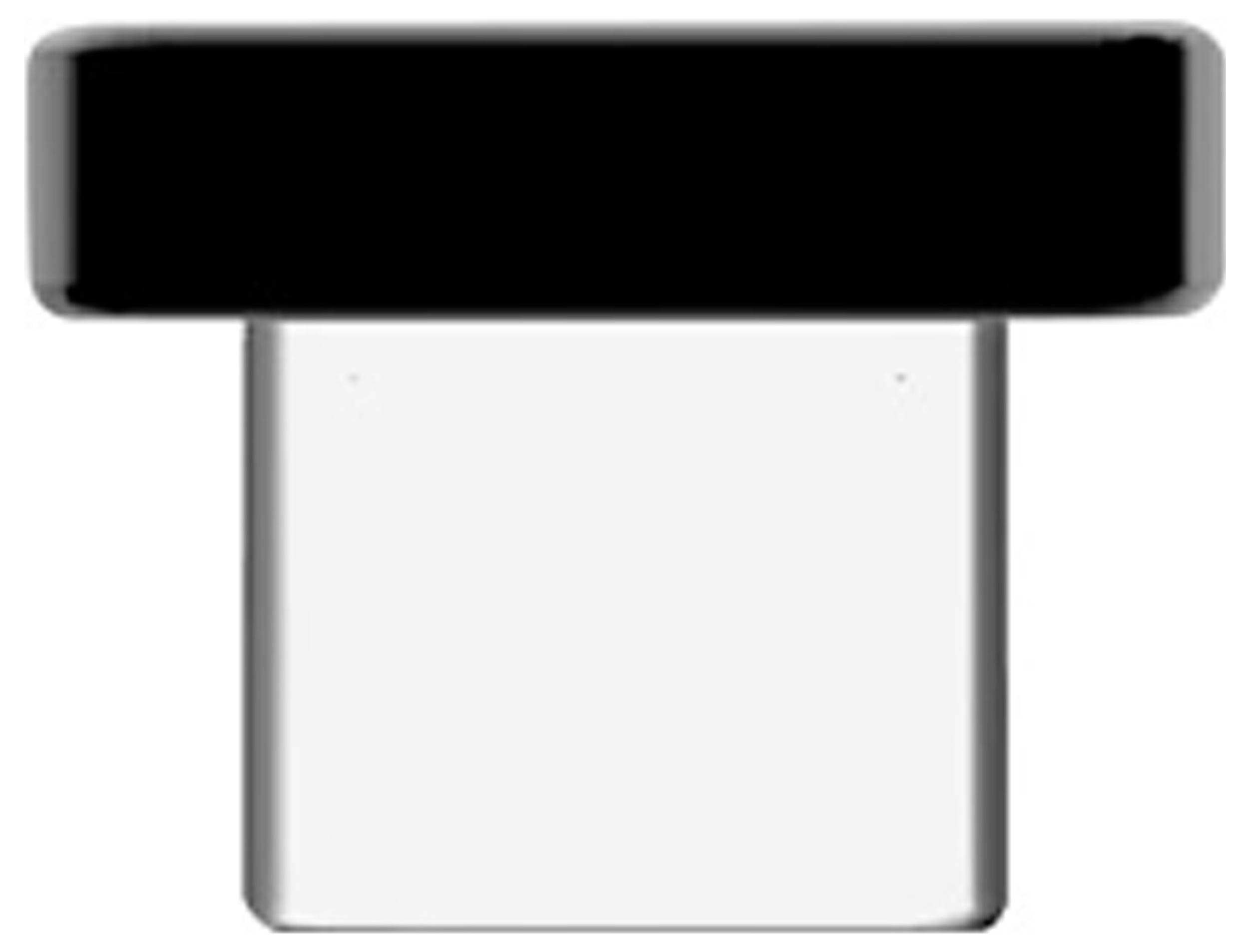 Een zwarte, rechthoekige toets op een zilveren, rechthoekige sokkel.