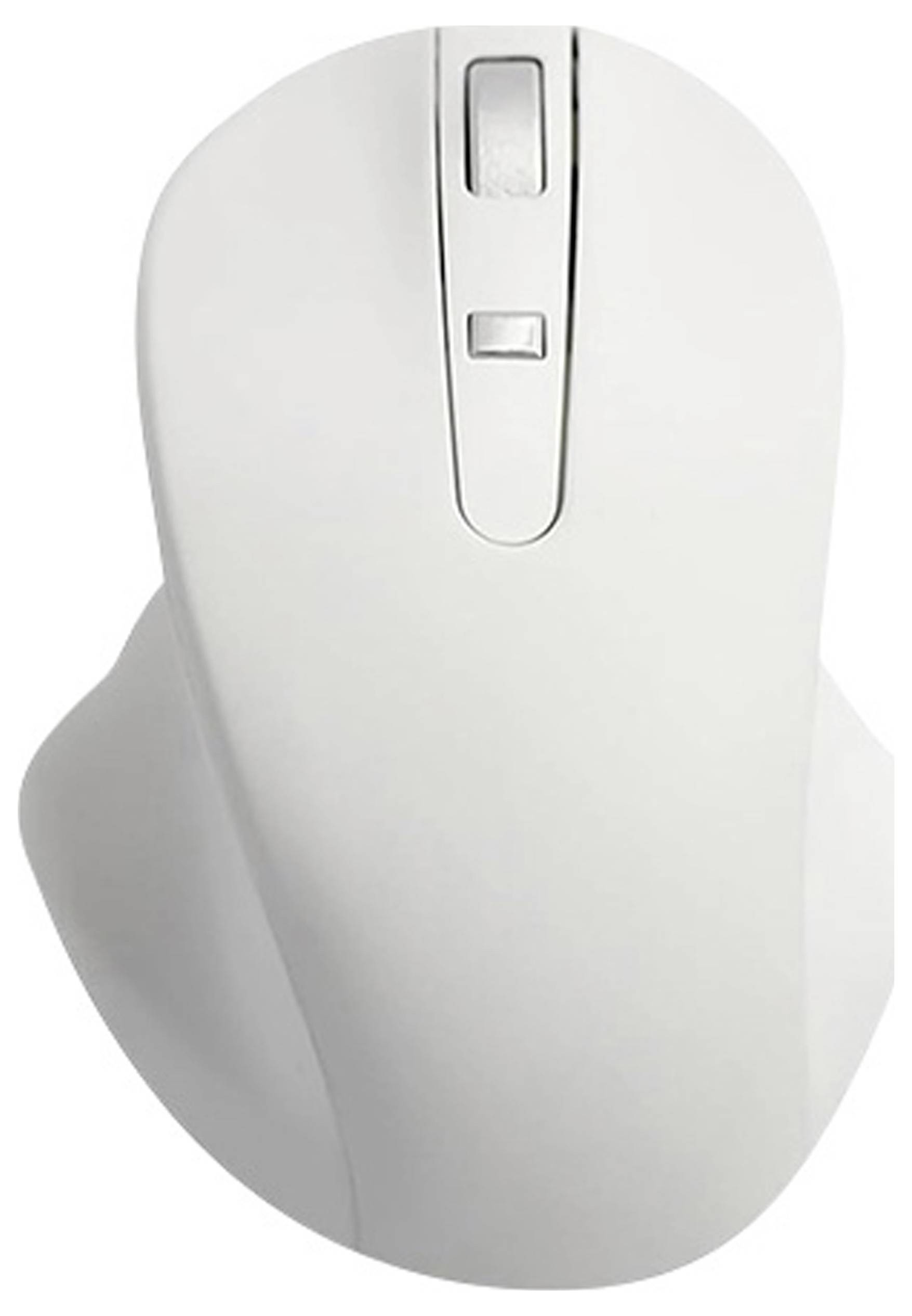 Witte ergonomische computermuis met scrollwiel en twee knoppen, bovenaanzicht.