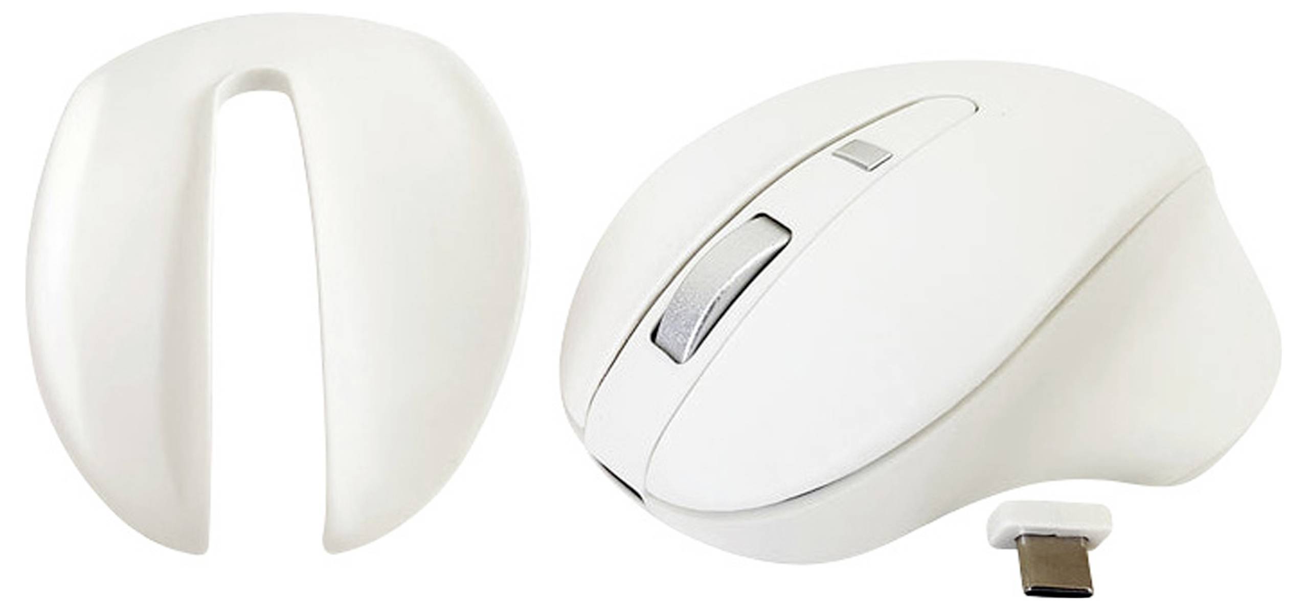 Witte ergonomische computermuis met USB-ontvanger ernaast links.