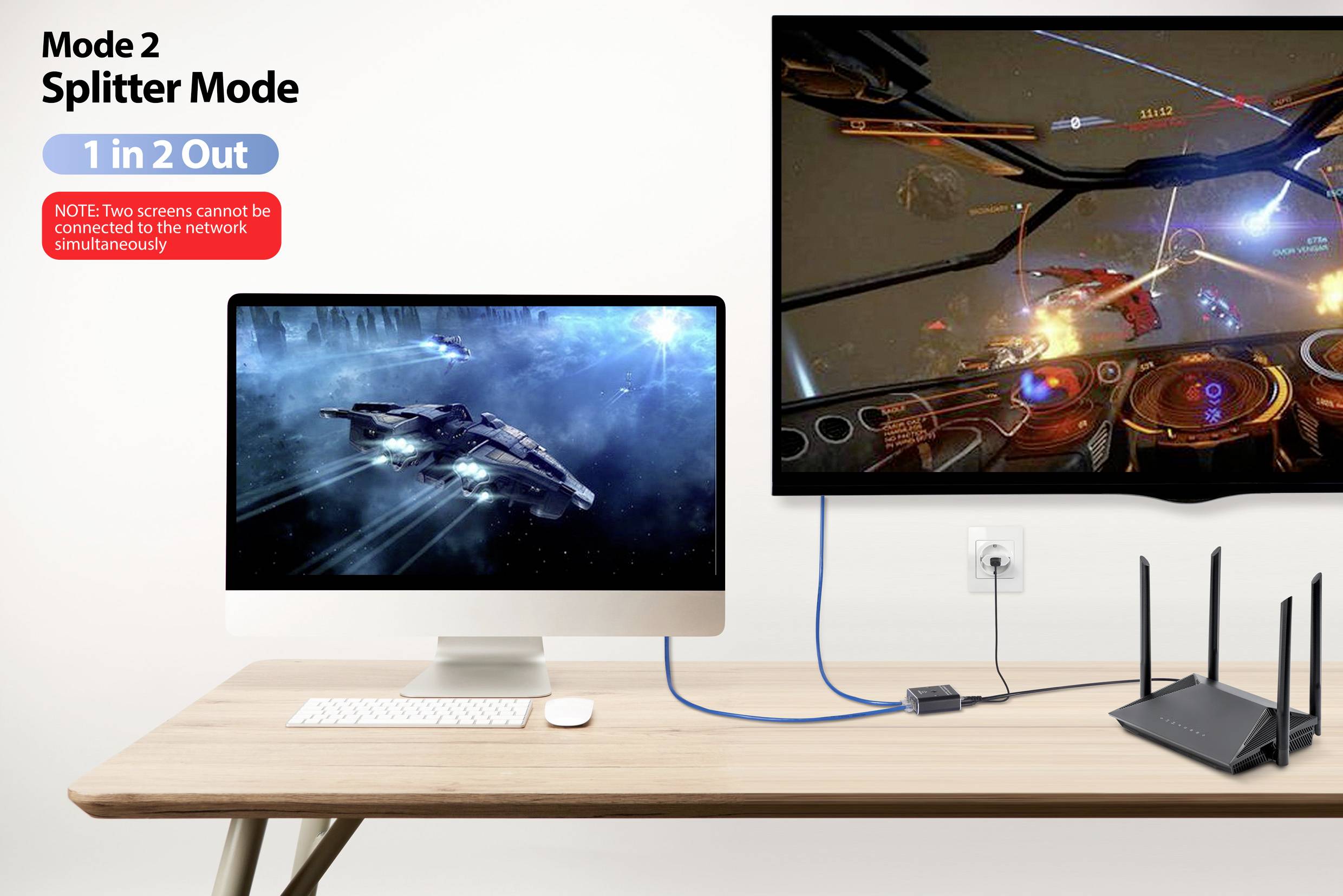 Een computermonitor vertoont een ruimtespel. Een tweede, grote scherm toont hetzelfde spel. Beide schermen zijn via een kabel met een router verbonden.