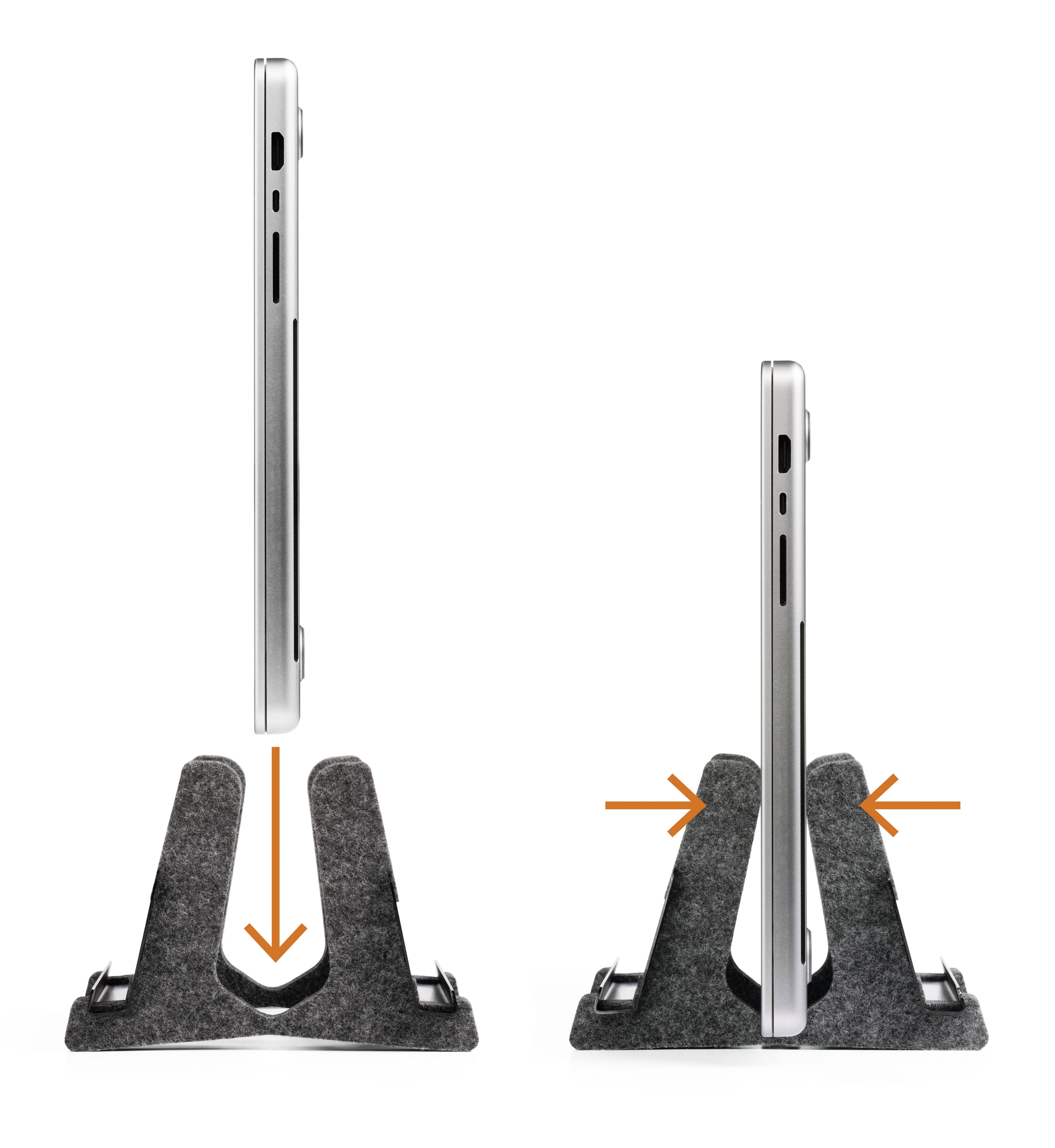 Laptop in een standaard van vilt. Links zwevend, rechts veilig geplaatst. Oranje pijlen tonen het inbrengproces.