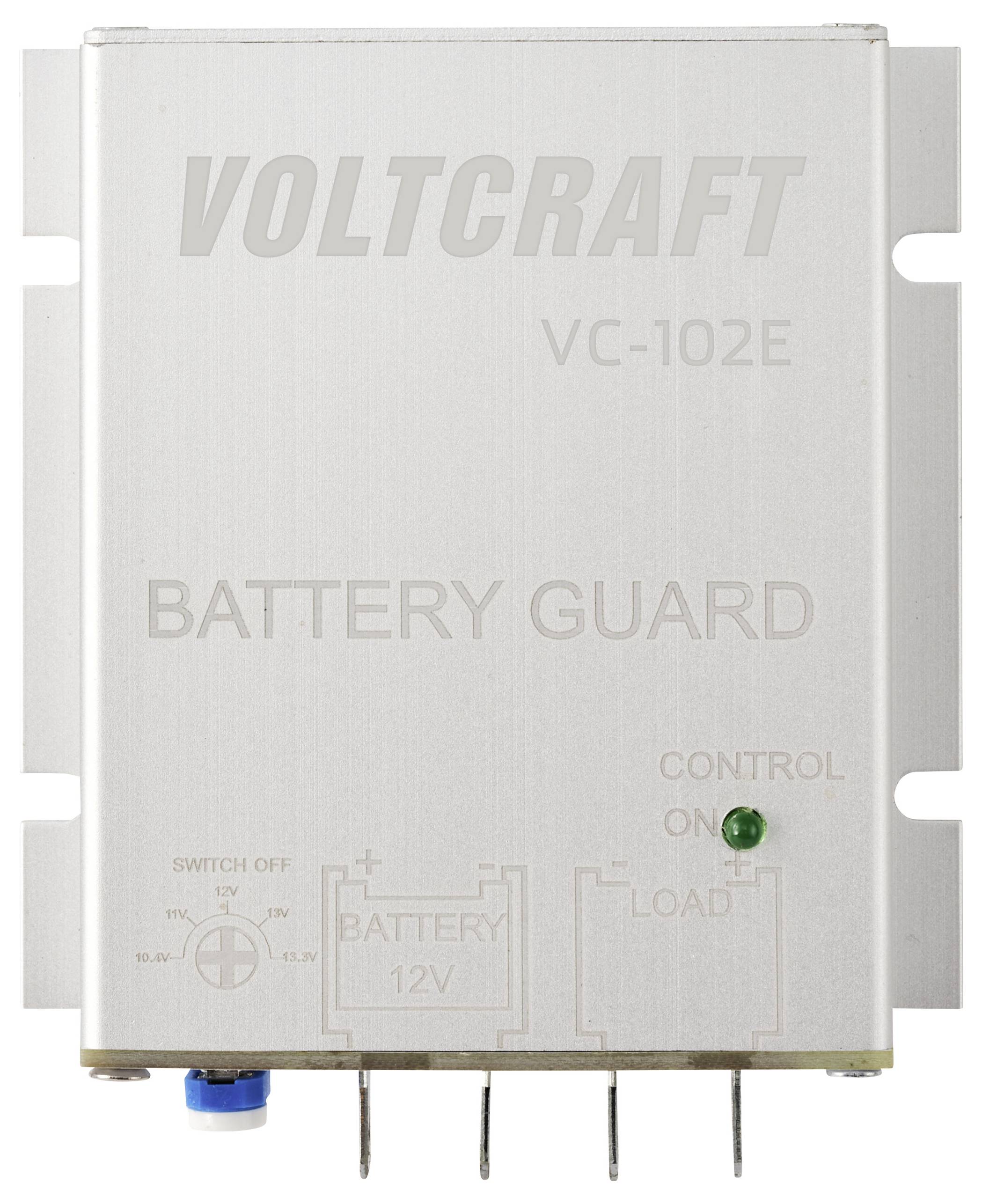 'VOLTCRAFT VC-102E BATTERIJ BEWAKER' is een zilverkleurig apparaat voor het bewaken van 12V batterijen, met controlelampje en aansluitingen.
