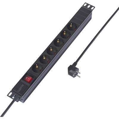 Zwarte stekkerdoos met zes aansluitingen en een rode aan-/uitschakelaar, aangesloten kabel en zwarte stekker.