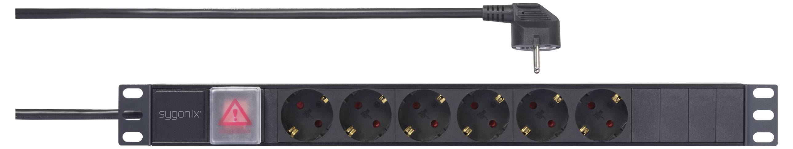 'Stekkerdoos met acht aansluitingen en een schakelaar met aan-/uitfunctie en waarschuwingssymbool. Zwart snoer met haakse stekker.'