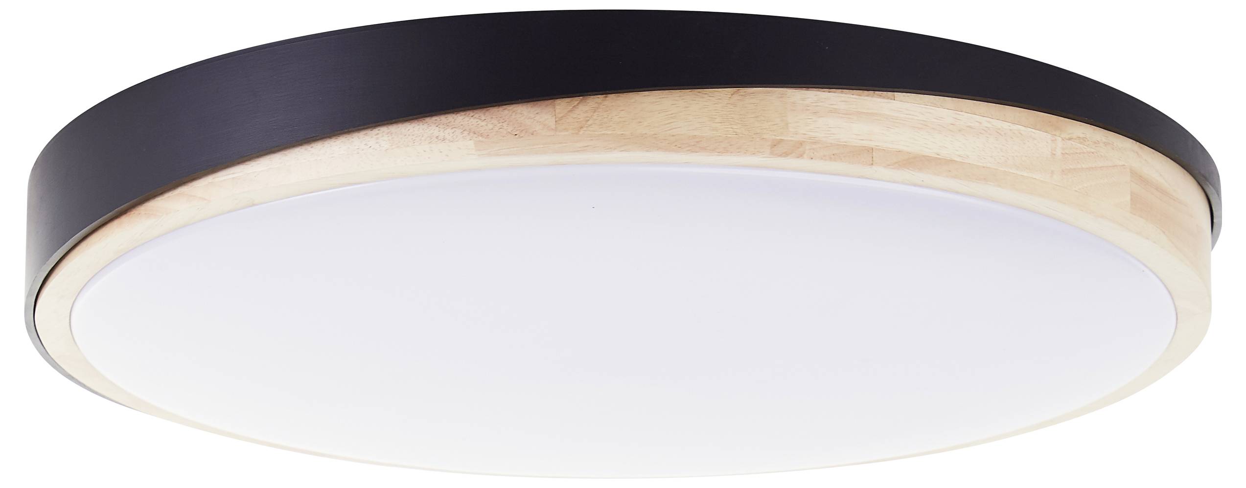 Platte, ronde plafondlamp met een witte diffuser, omlijst door een zwarte behuizing met houten details.