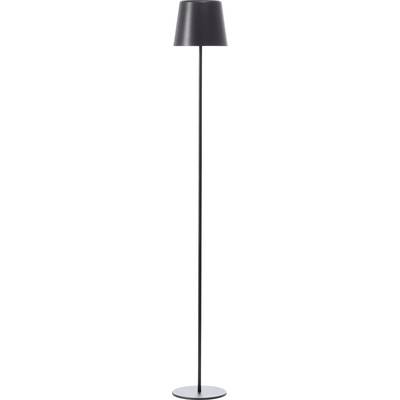 Staande lamp met slanke, zwarte design en een kegelvormige lampenkap op een ronde voet.