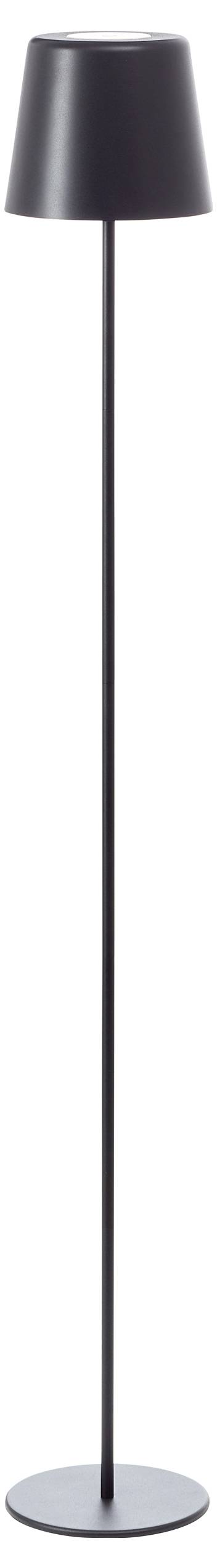 Staande lamp met een slanke, hoge zwarte voet en een zwarte lampenkap. Eenvoudig, modern design.
