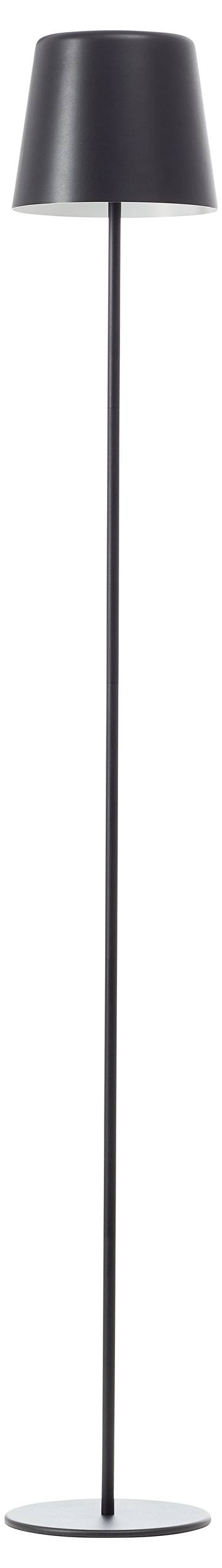 Zwarte staande lamp met een eenvoudig, modern design; rechte stang en conische lampenkap; ideaal voor hedendaagse interieurs.