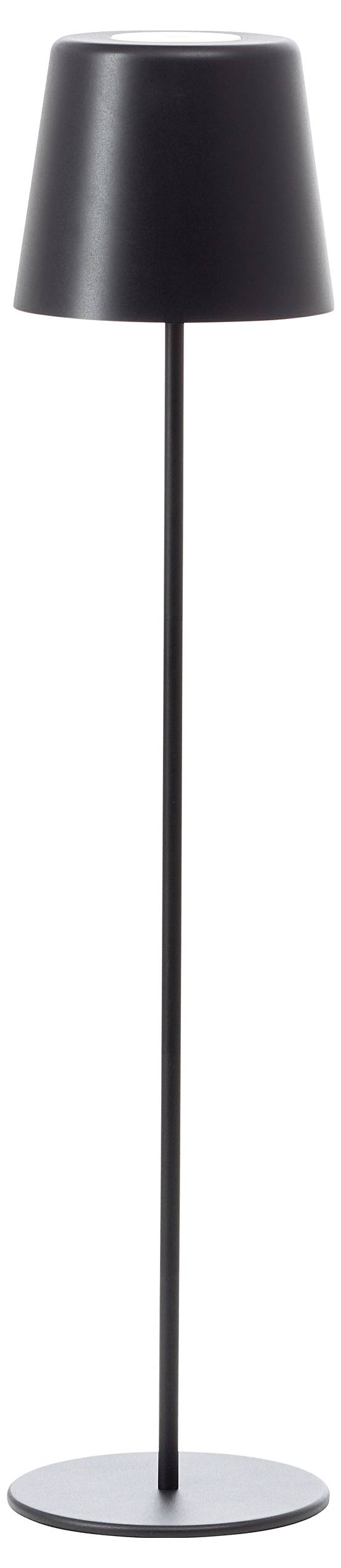 Zwarte staande lamp met een eenvoudig, modern design. Cilindevormige lampenkap en een rechte, slanke lampvoet.