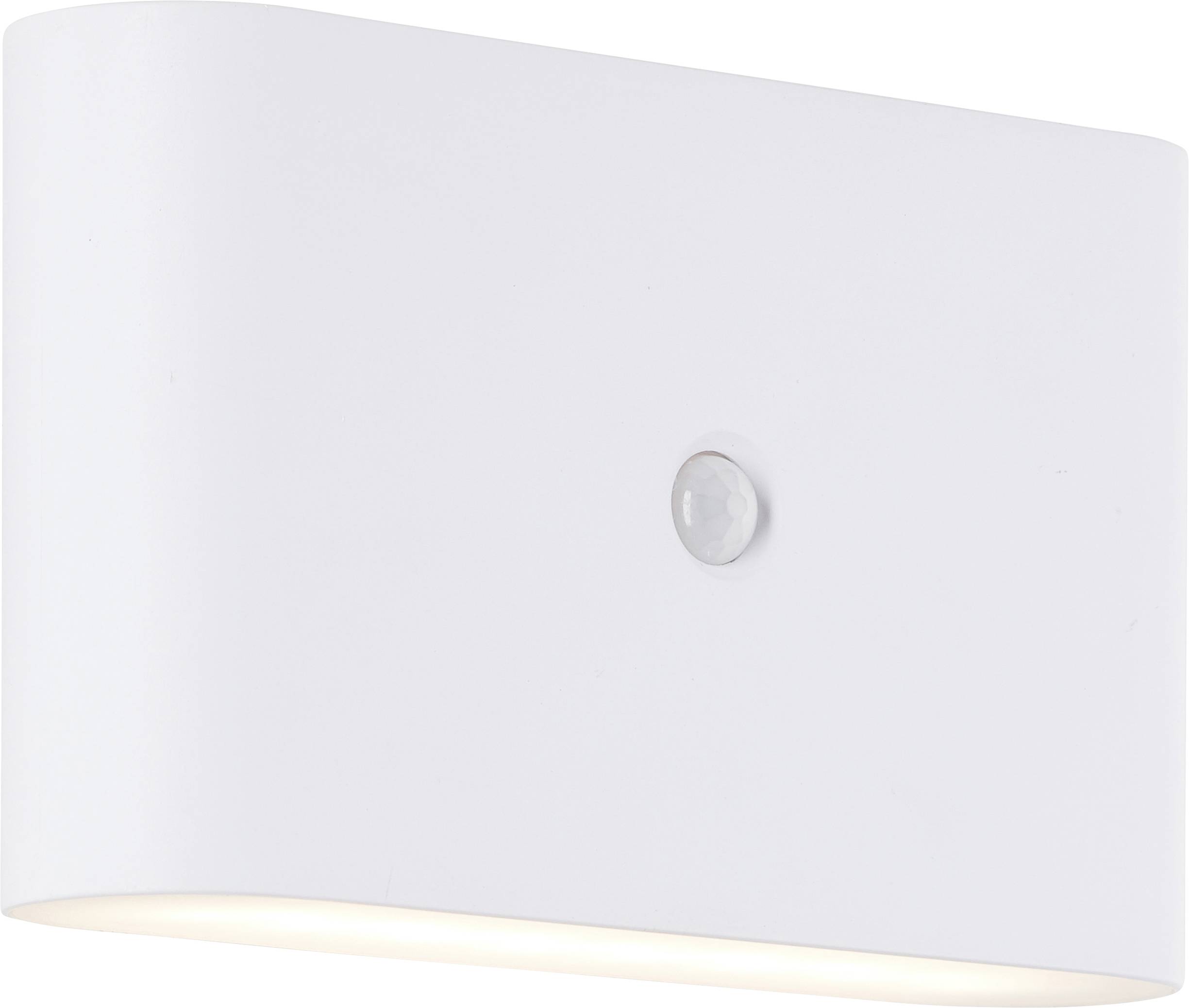 Witte wandlamp met een strak, modern design. Bovenaan afgerond, met een centrale sensor voor bewegingsdetectie.