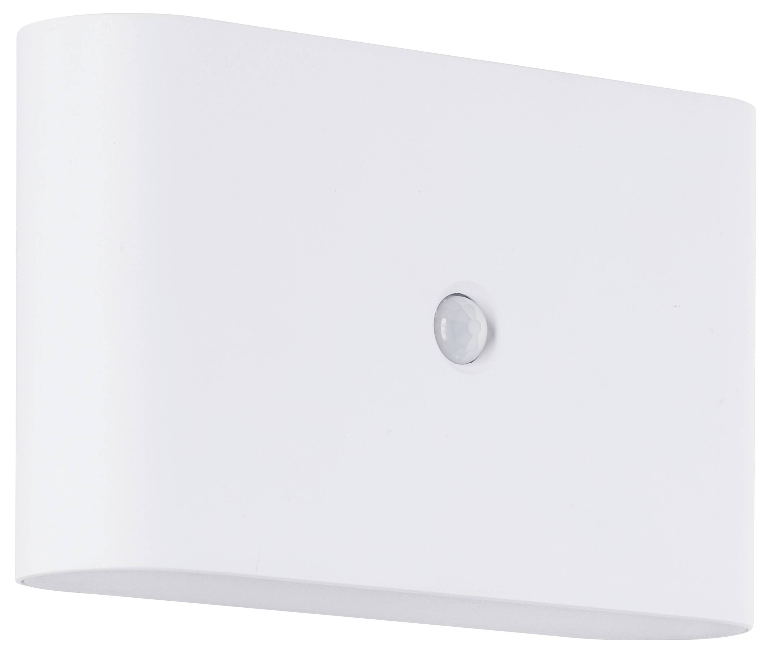Witte, rechthoekige wandlamp met een gewelfde bovenkant en een geïntegreerde bewegingssensor in het midden van de voorkant.