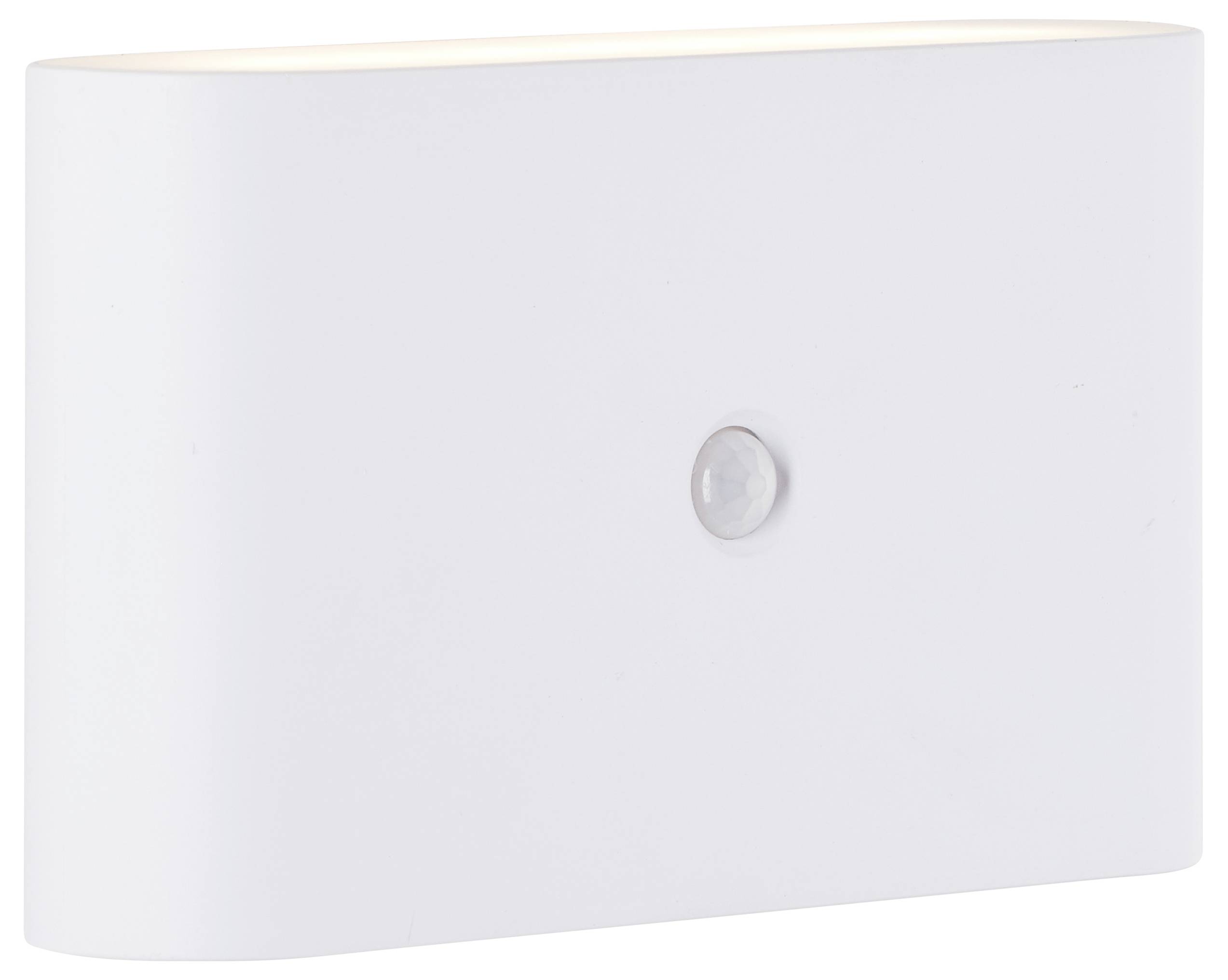 Witte, rechthoekige LED-wandlamp met afgeronde hoeken en een bewegingssensor in het midden.