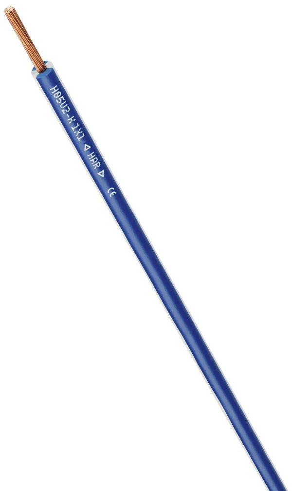 Enkele ader kabel, blauw geïsoleerd, met koperdraad aan de binnenkant. Opschrift 'H05V-K 24x0,20 4MP'. Elektrische leiding geschikt voor installaties.