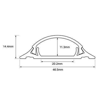 Een schematische tekening toont de zijaanzicht van een object met een rechthoekige basis en een gewelfde bovenkant met de volgende afmetingen: hoogte 14,4 mm, breedte 46,5 mm, boogprofiel 11,3 mm.
