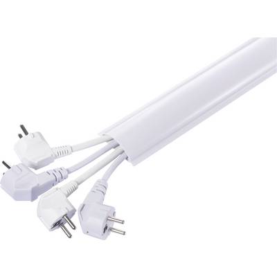 Vier witte Europlug-kabels lopen netjes door een witte kabelgootafdekking, die ze organiseert en beschermt.