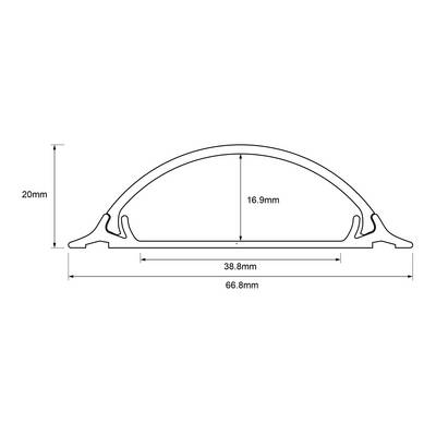 Technische tekening van een gebogen profiel met afmetingen: Hoogte 20 mm, boogradius 16,9 mm, breedte onderaan 66,8 mm, breedte midden 38,8 mm.