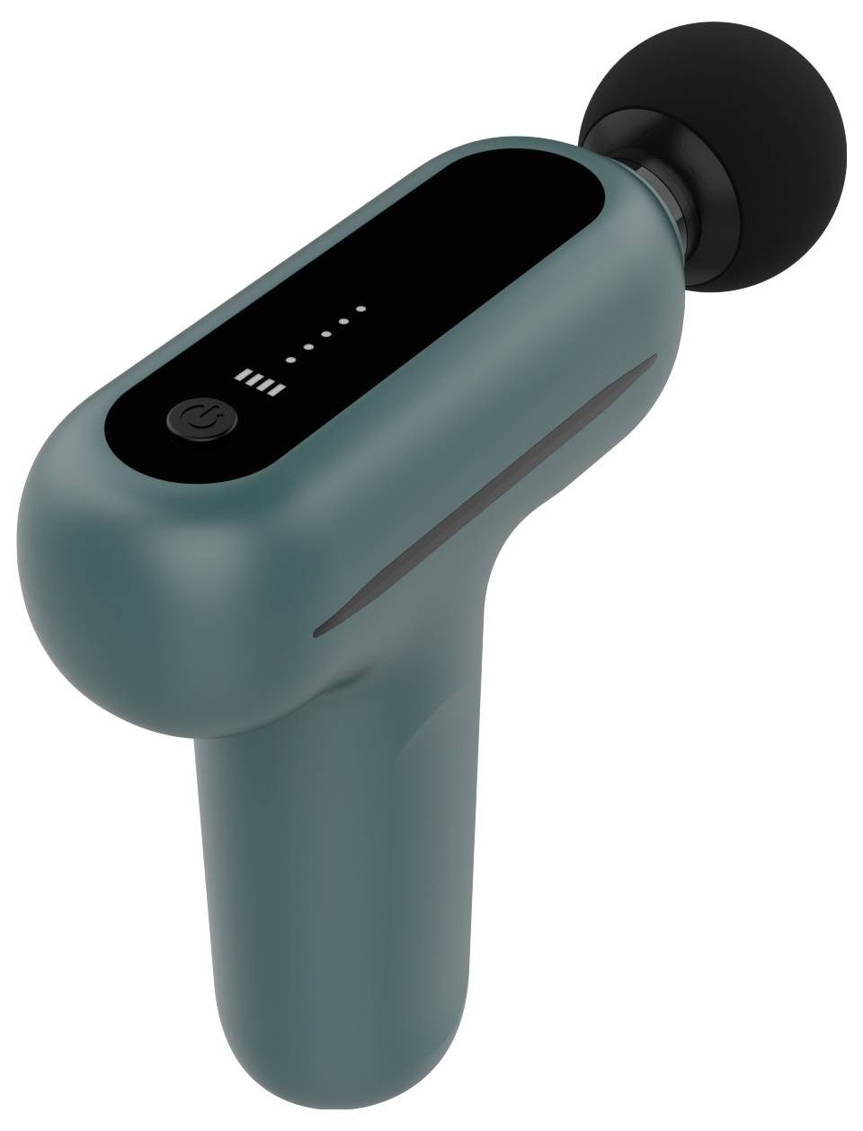 Handmassageapparaat in donkergroen met zwart hoofd en bedieningsknop aan de bovenkant, gebogen ontwerp, draagbaar formaat.