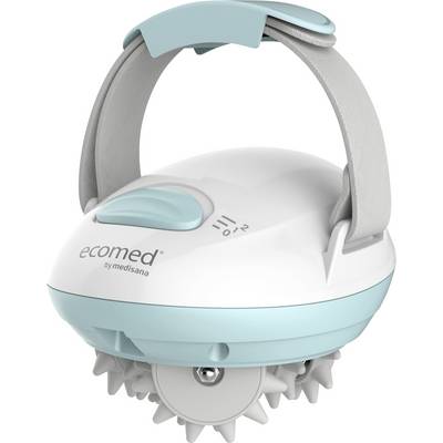 Handmassageapparaat in Wit en Blauw met aan/uit-schakelaar en roterende massagekoppen, geschikt voor spierontspanning en verbetering van de bloedsomloop.