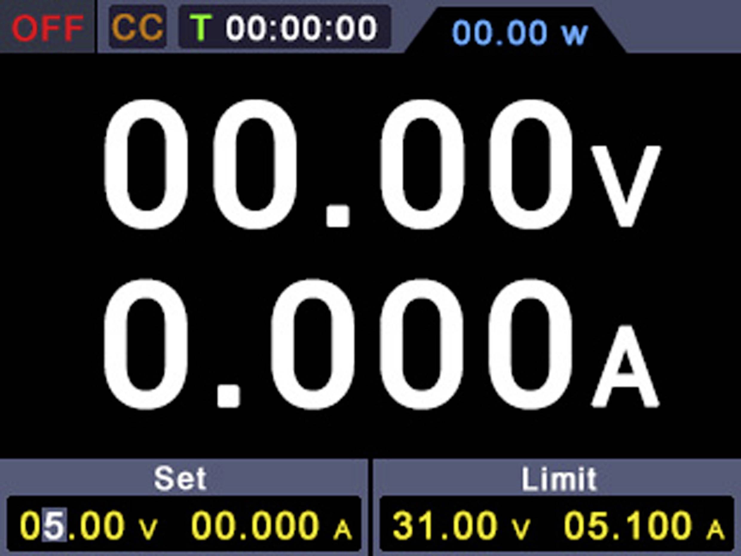 Digitale weergave met waarden: Spanning '00,00V', Stroom '0,000A'. Instellingen bij '5,00V', '0,000A'. Limieten bij '31,00V', '5,100A'.