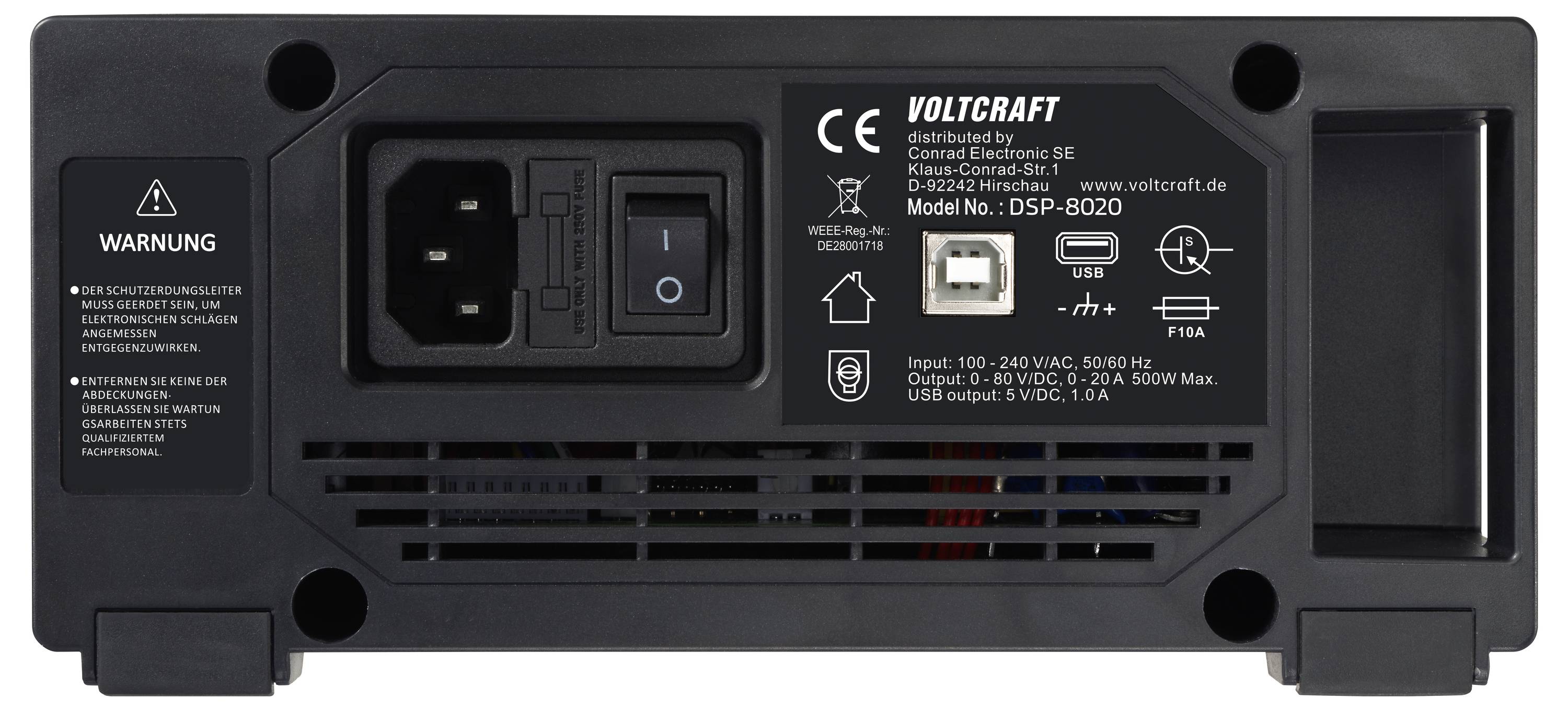 De afbeelding toont het achterpaneel van een Voltcraft DSP-8020 voeding met een aan/uit-schakelaar, stroomsteker, USB-poort en waarschuwingslabel.