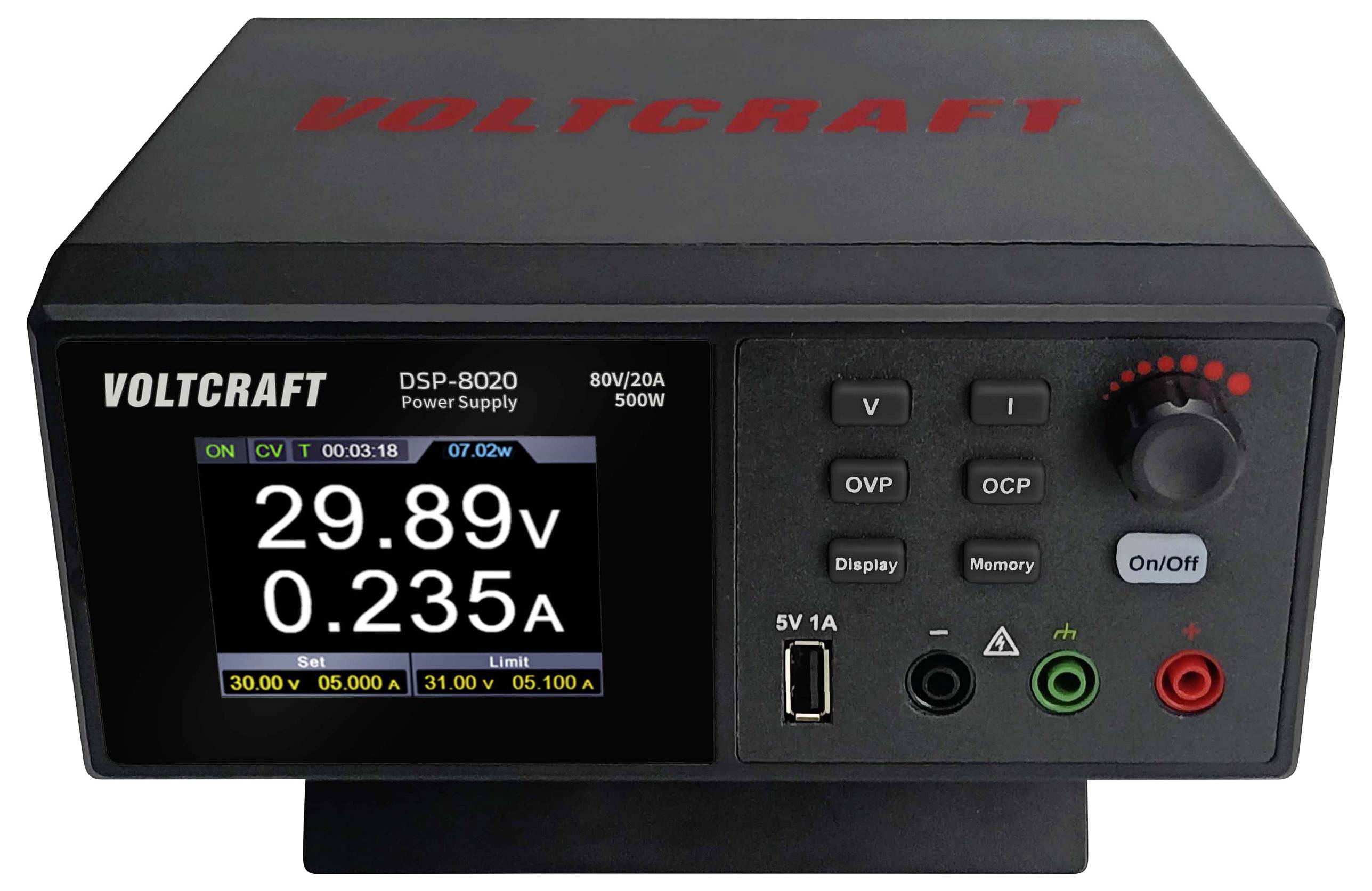 Voedingseenheid met display, toont 29,89 V spanning en 0,235 A stroomsterkte. Bevat bedieningsknoppen en aansluitingen aan de voorzijde.