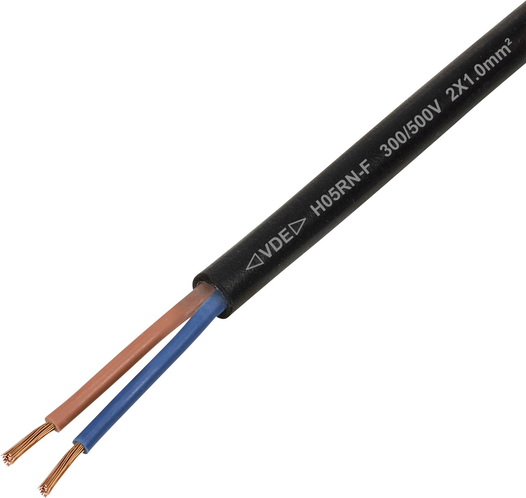 Een close-upafbeelding van een zwarte elektrische kabel met het label 'VDE H05RN-F 300/500V 2X1.0mm²' waarop twee blootliggende koperen draden zichtbaar zijn, één blauw en één bruin.