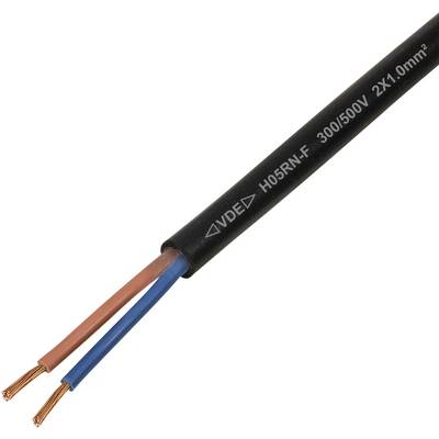 Een close-upafbeelding van een zwarte elektrische kabel met het label 'VDE H05RN-F 300/500V 2X1.0mm²' waarop twee blootliggende koperen draden zichtbaar zijn, één blauw en één bruin.