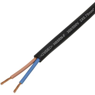 Zwarte elektrische kabel met het label 'H05RN-F 300/500V 2x0.75mm²' met twee draden, één blauw en één bruin, waarbij de koperen uiteinden zijn blootgesteld.