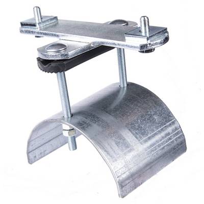 Metalen beugel met schroeven, afdichtingsband en gebogen onderdeel voor het bevestigen van buizen aan een oppervlak.
