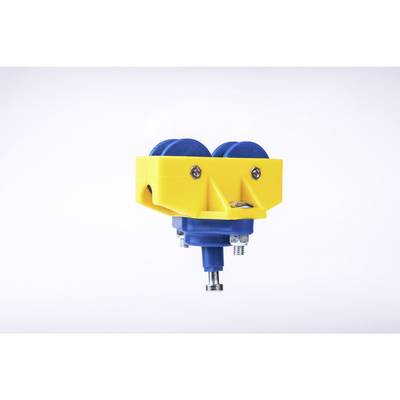 Geel en blauw mechanisch apparaat met metalen onderdelen op een witte achtergrond. Het lijkt een technisch onderdeel te zijn.