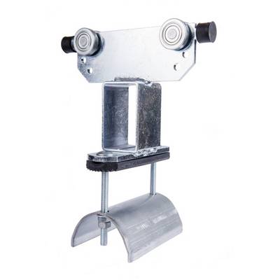 Metalen schuifsysteem met wielen, beugel en bevestigingselementen voor industriële toepassingen of deurmontage.