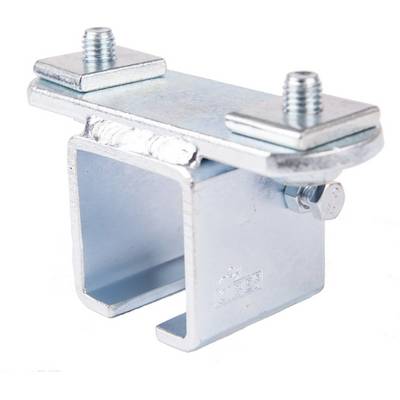 Metalen klem met U-vormig profiel en twee schroeven bovenaan voor bevestiging. Zilverkleurig, bedoeld voor stabilisatie of montage.