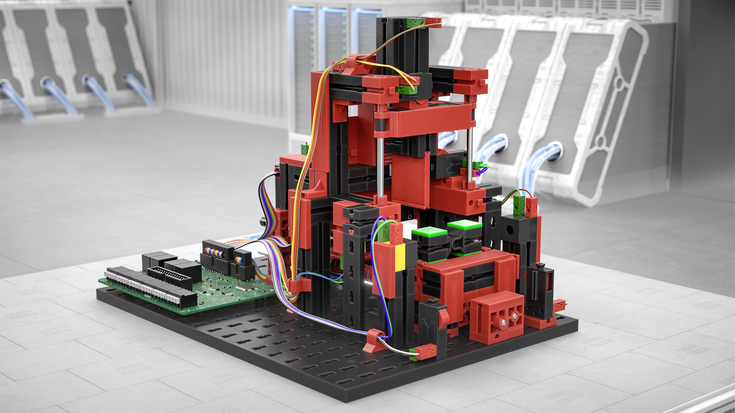 Een complex model van rode en zwarte bouwstenen, gemonteerd op een zwart platform, verbonden met kleurrijke kabels.