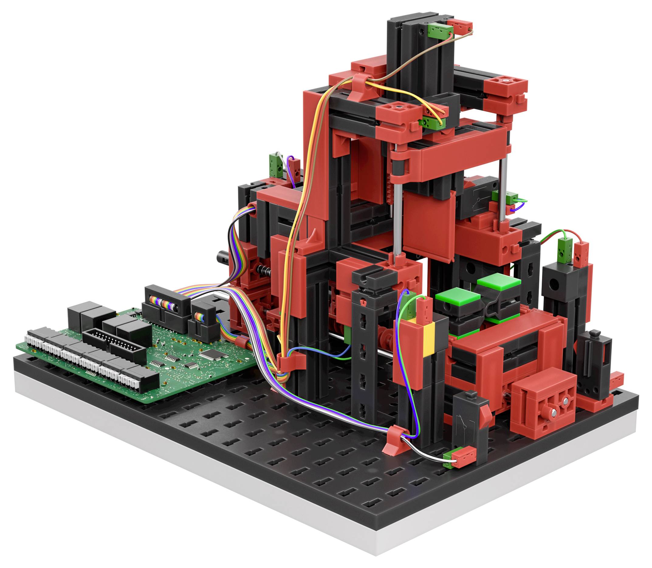 Een bouwpakket met rode en zwarte modulaire onderdelen op een perforatieplaatje, verbonden met een groene printplaat door kleurrijke kabels.